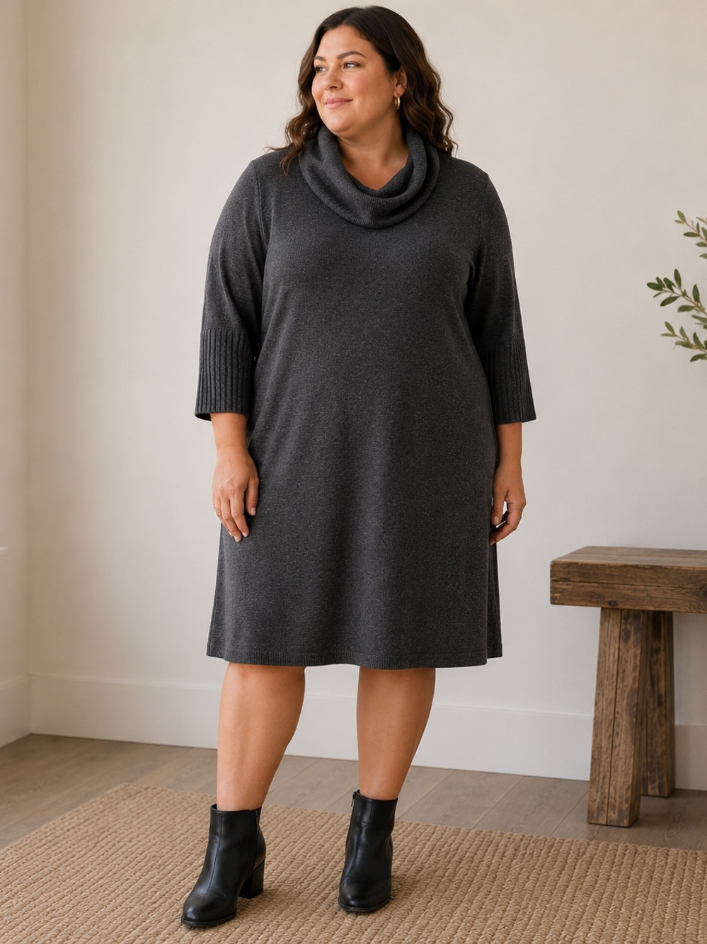 Charcoal Cowl Neck Lightweight Sweater Dress